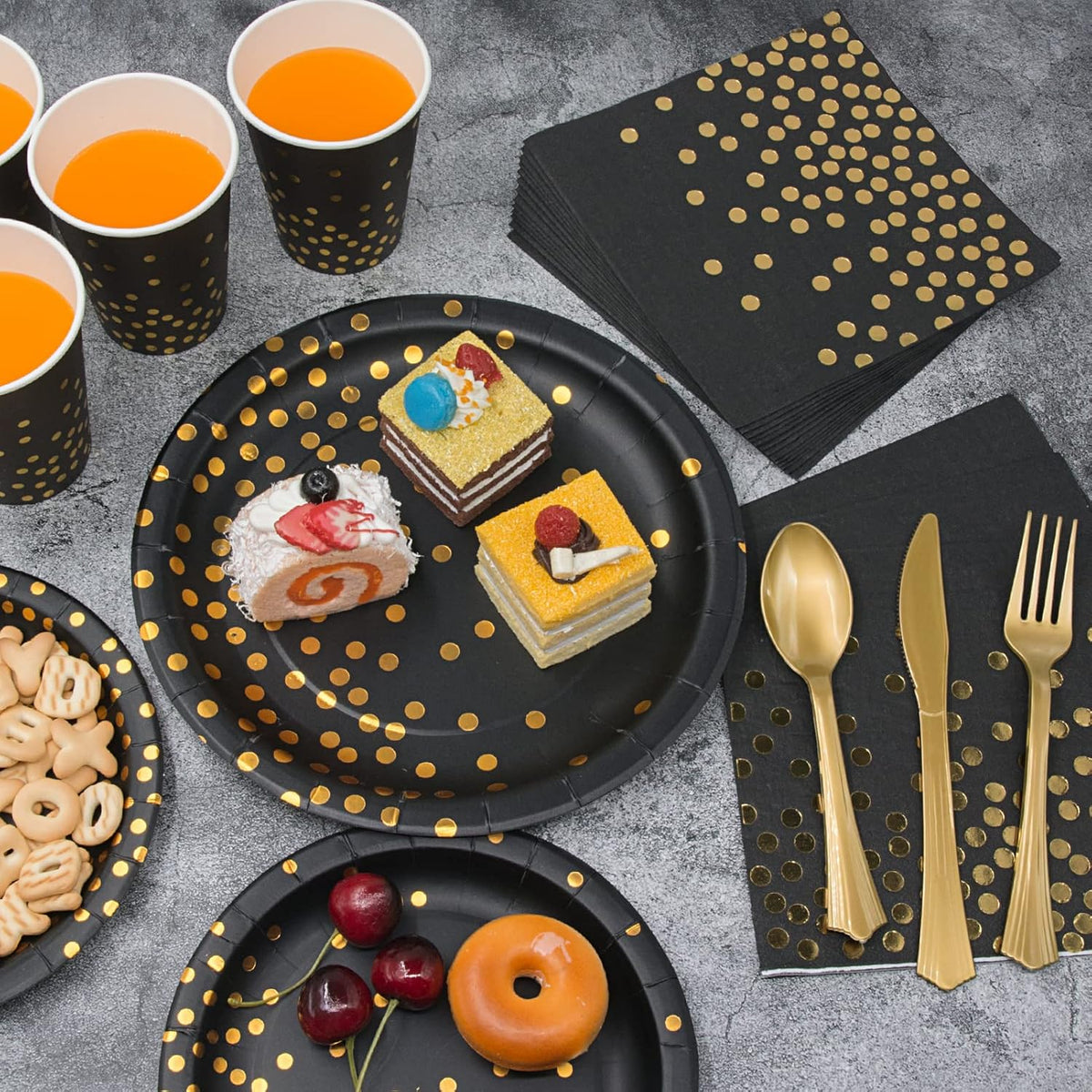 Black and Gold Party Supplies, 350PCS Disposable Dinnerware Set Inclueds Black Gold Dot Paper