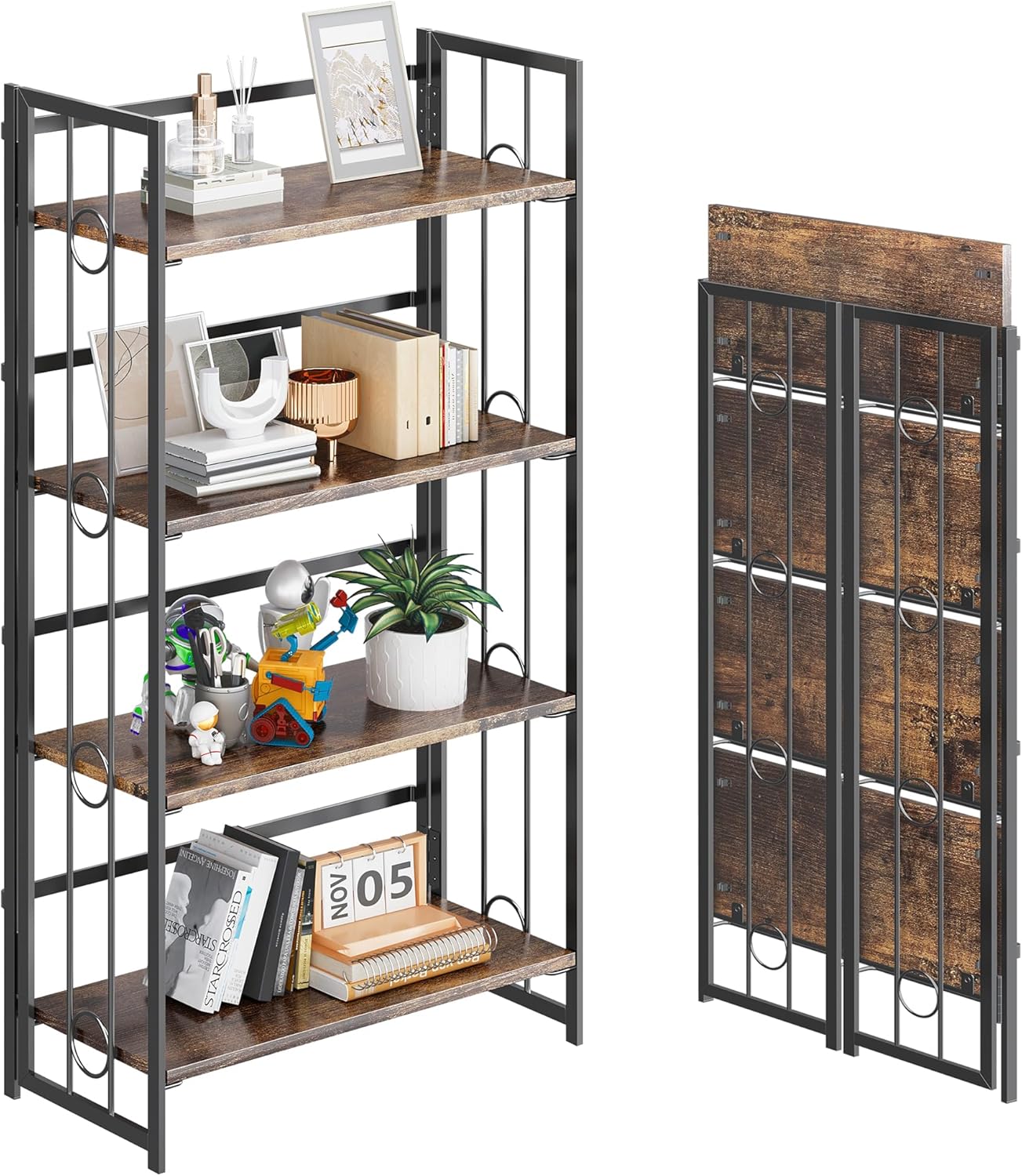 4NM No Assembly 4 Tiers Folding Bookshelf, 47.2" H Foldable Storage Shelves Vintage Bookcase
