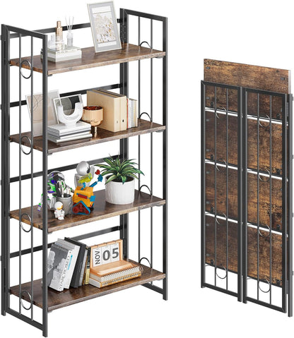 4NM No Assembly 4 Tiers Folding Bookshelf, 47.2" H Foldable Storage Shelves Vintage Bookcase