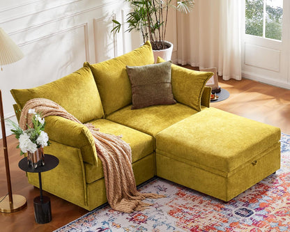Oversized Loveseat Sofa, Modern Modular Sectional Couch Yellow Fluffy Chenille Mid Century 2-Seat