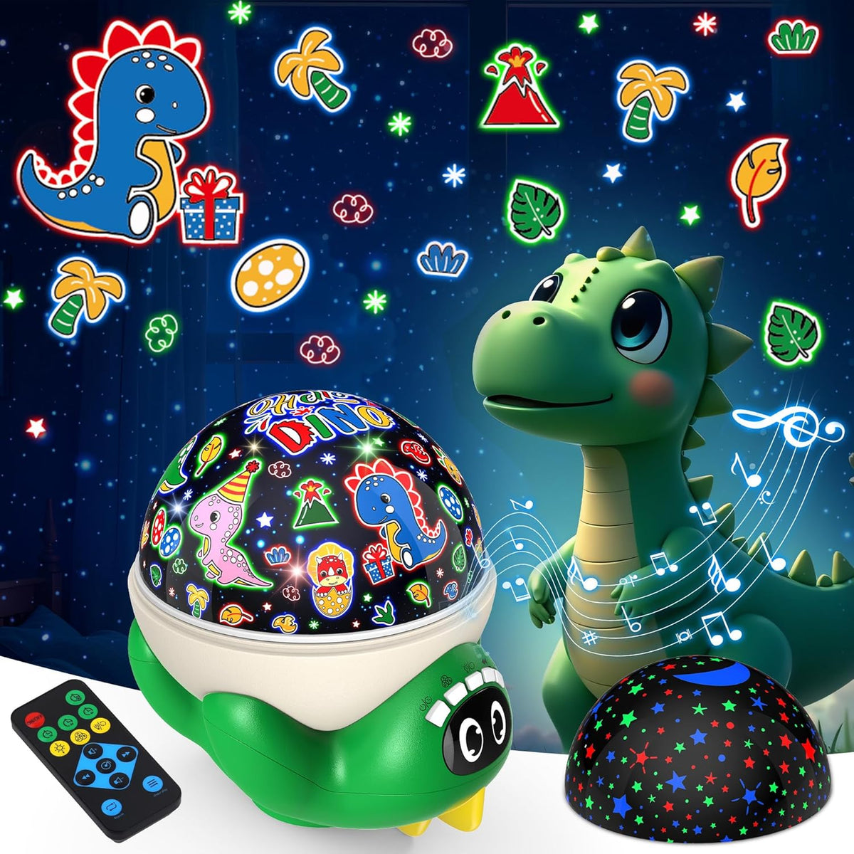 Dinosaur Night Light Projector for Kids Green Dino Toys for Boys, Star Night Lights with Music and