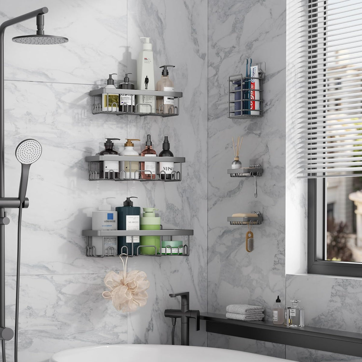 Veken 6-Pack Rustproof & Waterproof Shower Caddy, Adhesive Shelves Rack, Large Capacity Bathroom