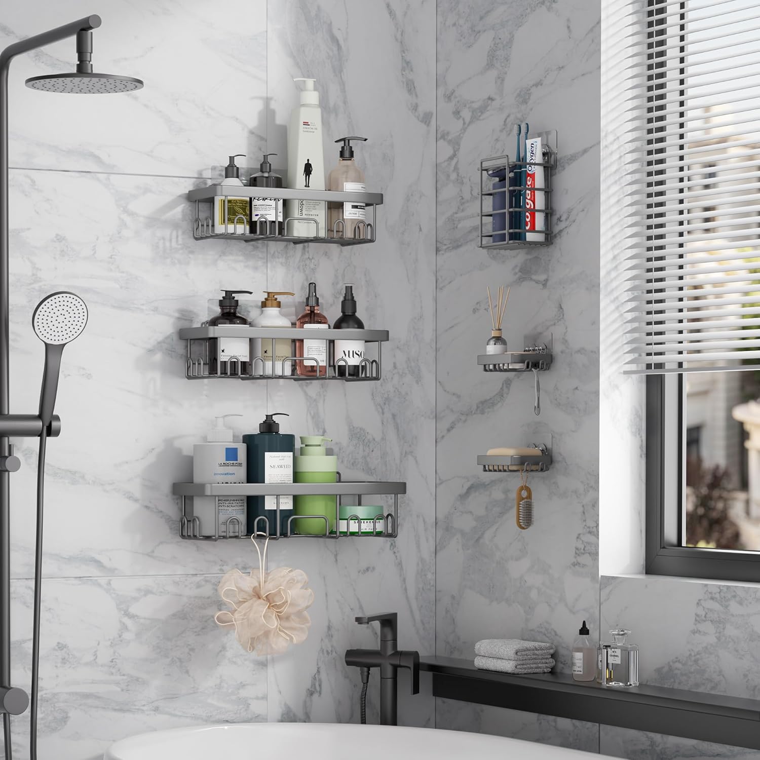 Veken 6-Pack Rustproof & Waterproof Shower Caddy, Adhesive Shelves Rack, Large Capacity Bathroom