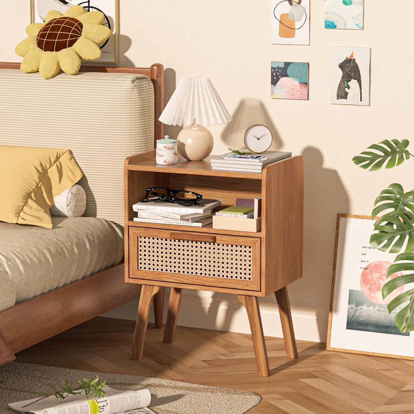 Lerliuo Rattan Nightstand, Side Table with Drawer Open Shelf, Cane Accent Bedside End Table with
