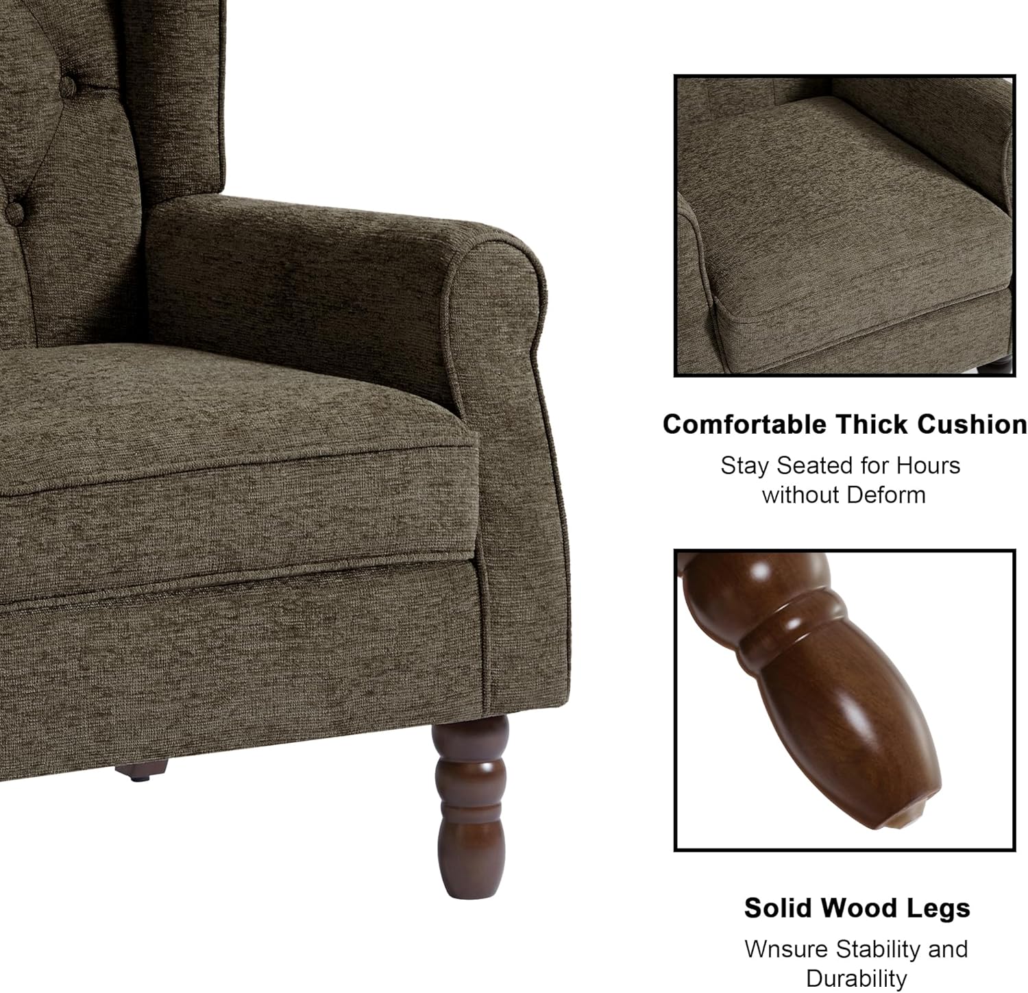 Accent Chair, Upholstered Armchair with Button Tufted High Back & Solid Wood Legs, Comfy Wingback