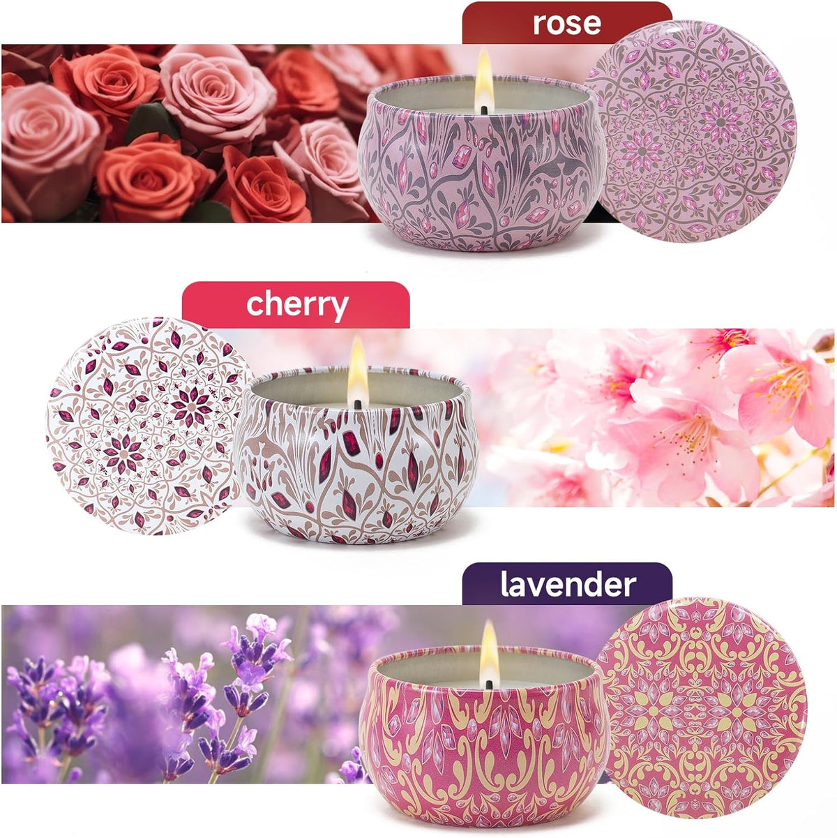 Candles Gifts for Women 3 Pack 2.5 oz Natural Floral Lavender Cherry and Rose Candles Set