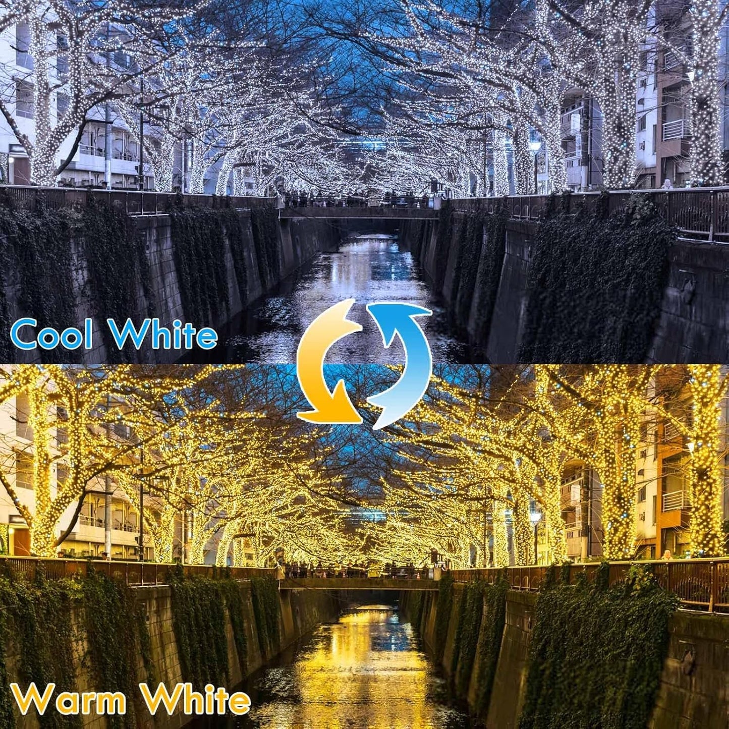 (Warm White ⇋ Cool White) Solar Christmas String Lights Outdoor, 2-Pack Total 80FT 200 LED Solar