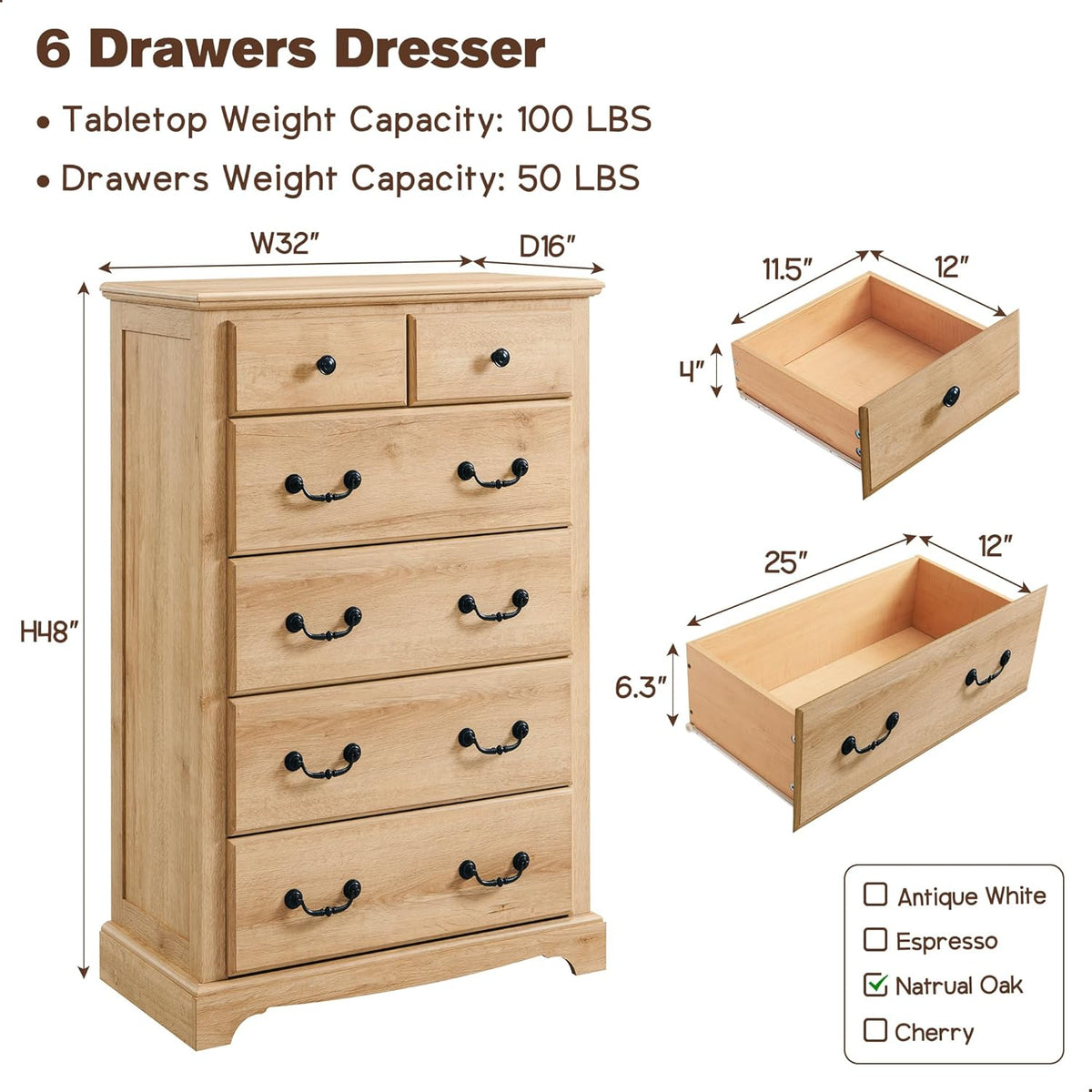 T4TREAM 6 Drawers Dresser Chests for Bedroom, 48" Tall Rustic Chset of Drawers, Wood Dressers
