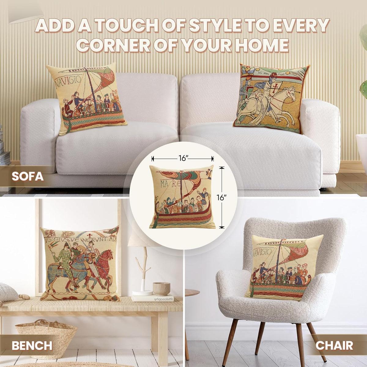 Charlotte Home Furnishings Bayeux Mare Throw Pillow Cover 16" x 16" – Medieval Ship Decorative