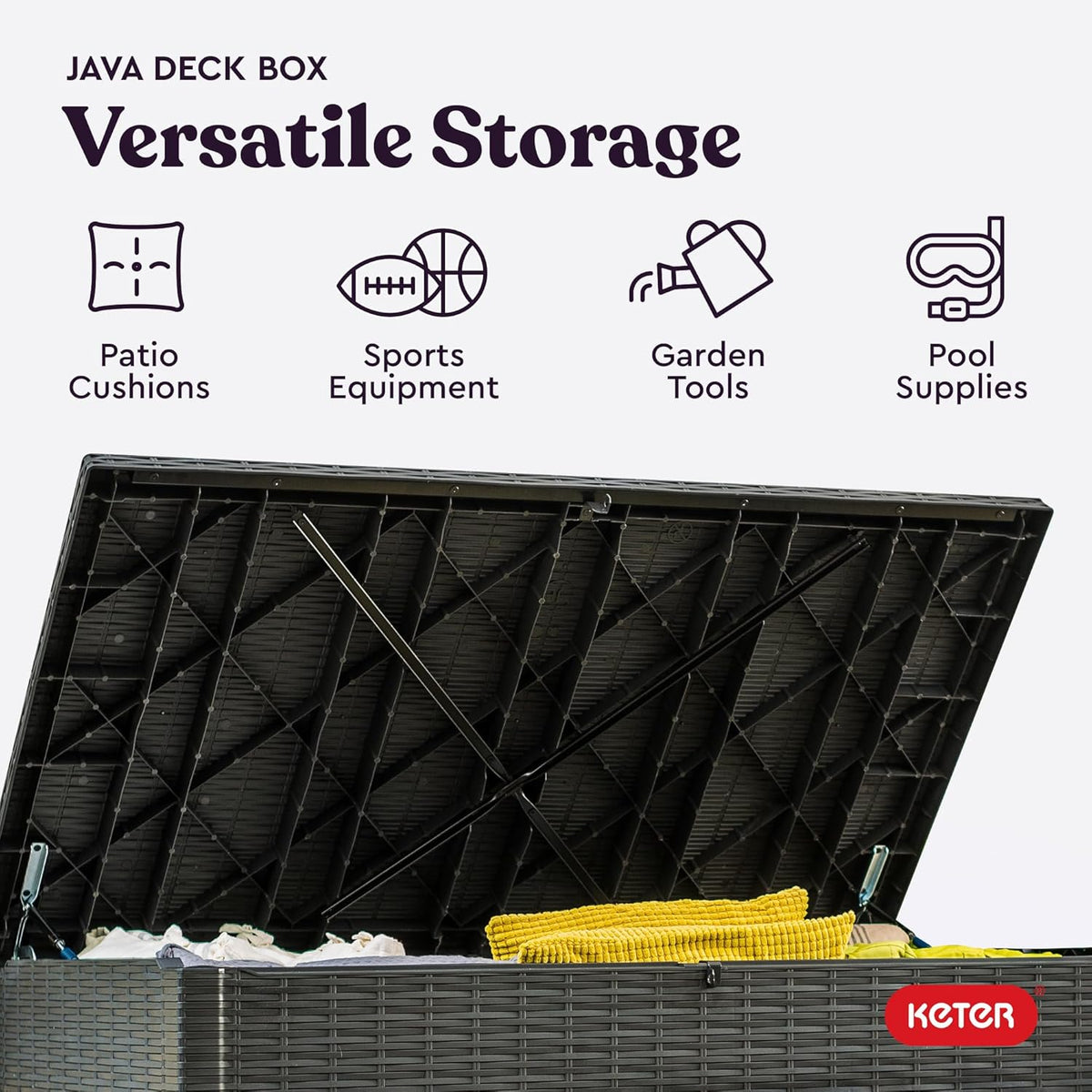 Keter Java XXL 230 Gallon Resin Rattan Look Large Outdoor Storage Deck Box for Patio Furniture