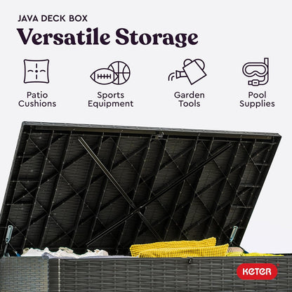 Keter Java XXL 230 Gallon Resin Rattan Look Large Outdoor Storage Deck Box for Patio Furniture