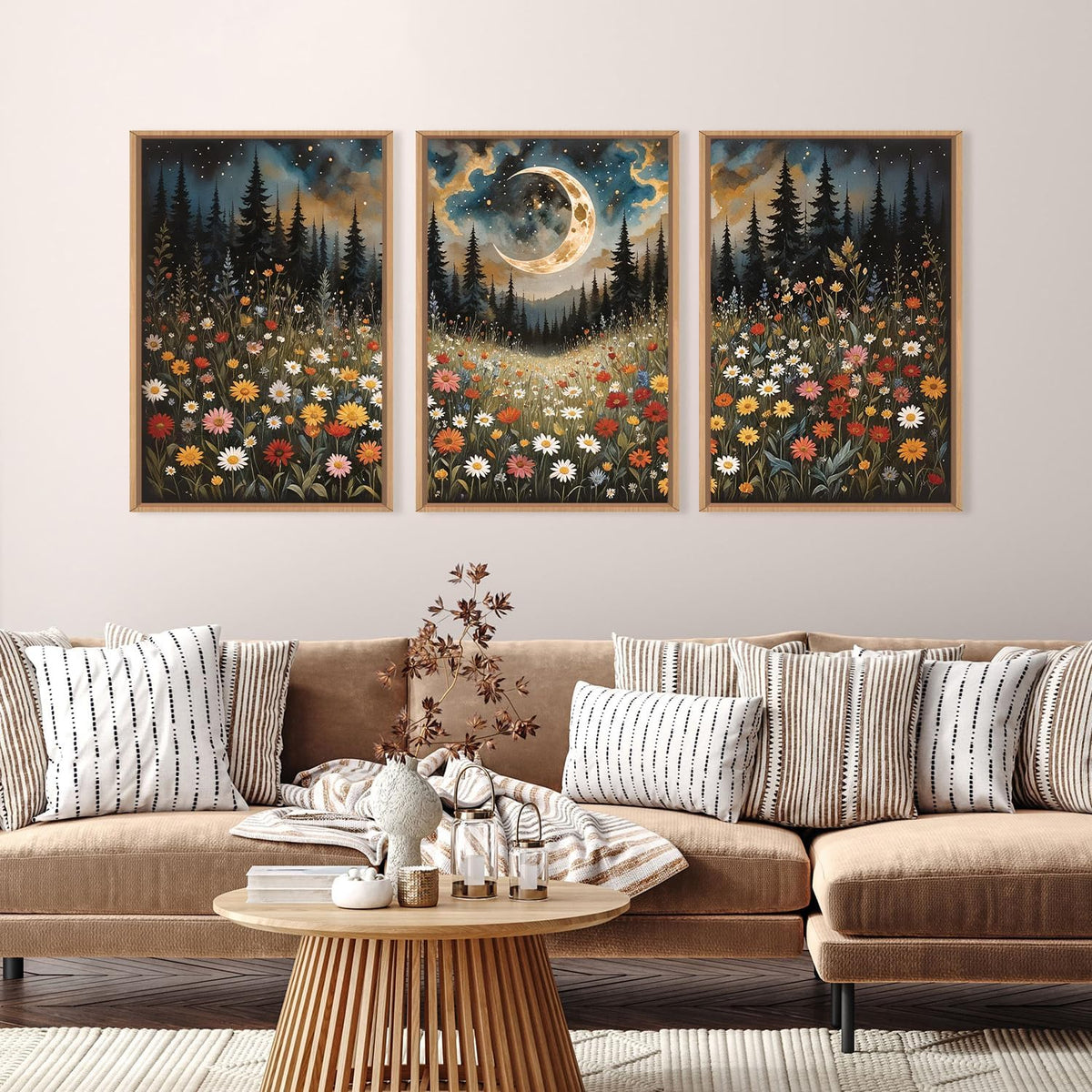 HPINUB Wildflower Moon Forest Framed Canvas Wall Art Set,Nature Pine Tree Wall Decor,Mystical