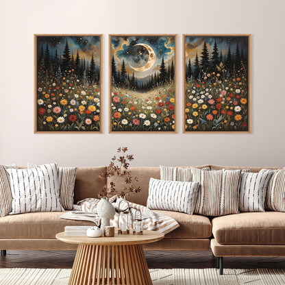 HPINUB Wildflower Moon Forest Framed Canvas Wall Art Set,Nature Pine Tree Wall Decor,Mystical
