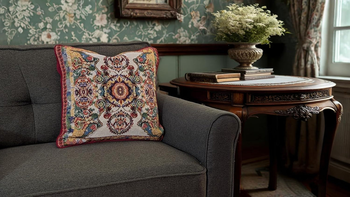 Tache Cushion Cover 18x18 Rococo Elegant Ornate Ivory Colorful Paisley Cotton Linen Tapestry Woven