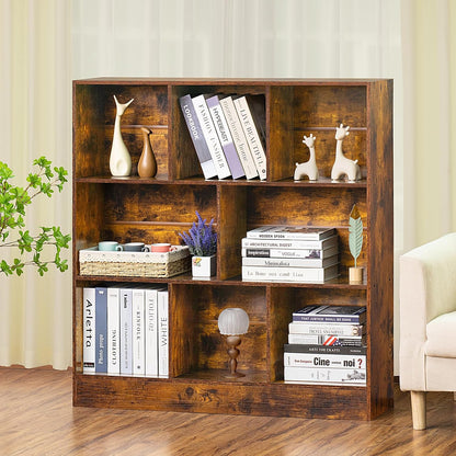 LEYAOYAO 8 Cube Bookshelf with Wood Base, Brown 3 Tier Mid-Century Modern Bookcase,Standing Wide