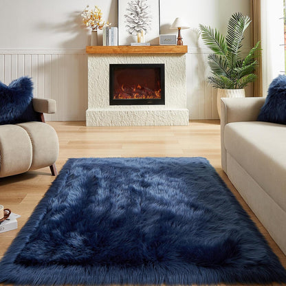 AMTOVO Faux Fur Sheepskin Rug for Living Room, 4 x 6 ft Dark Blue Fluffy Area Rug for Bedroom