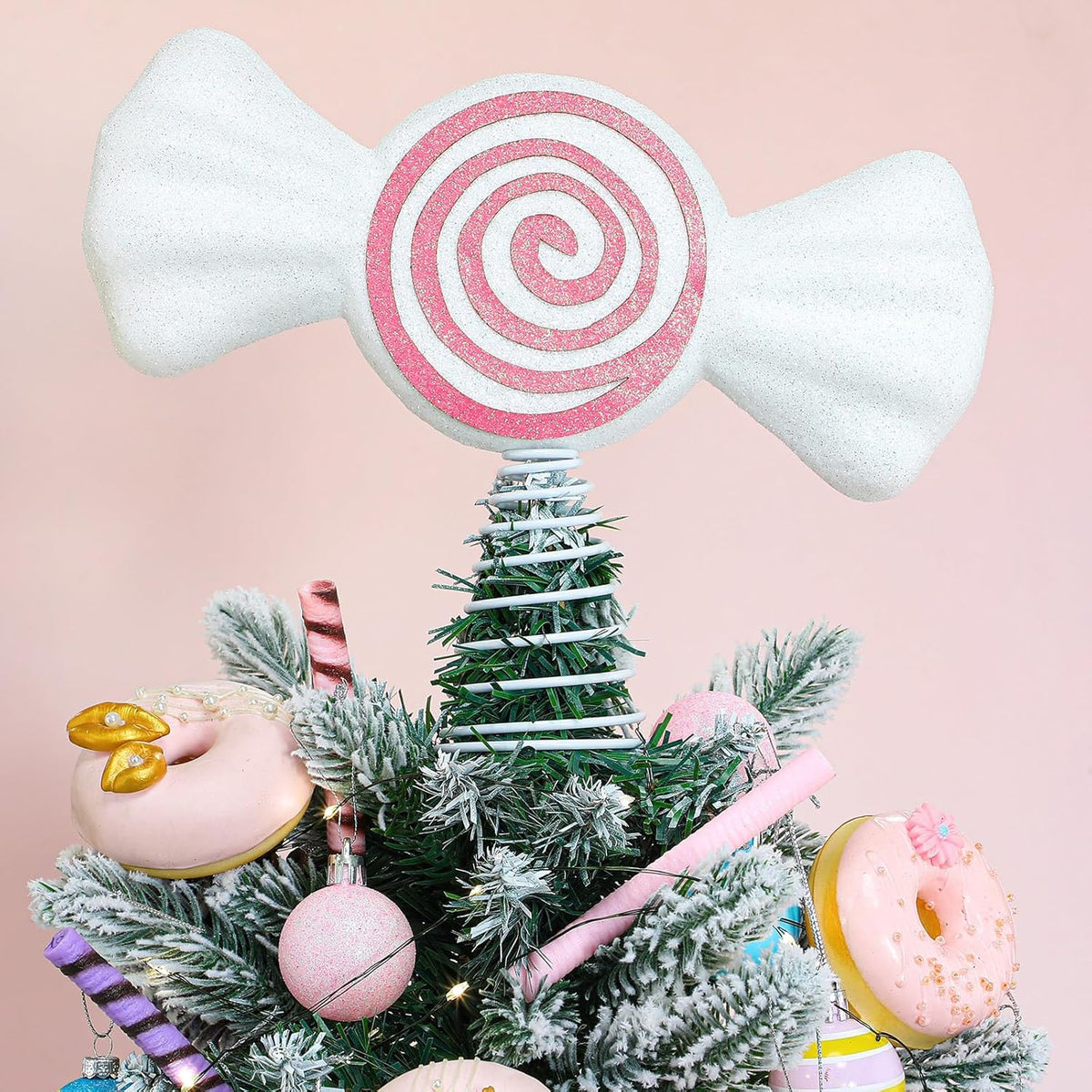 Retisee 9.8 in Large Pastel Candy Christmas Tree Topper Pink Candy Swirl Treetop Pink Pastel
