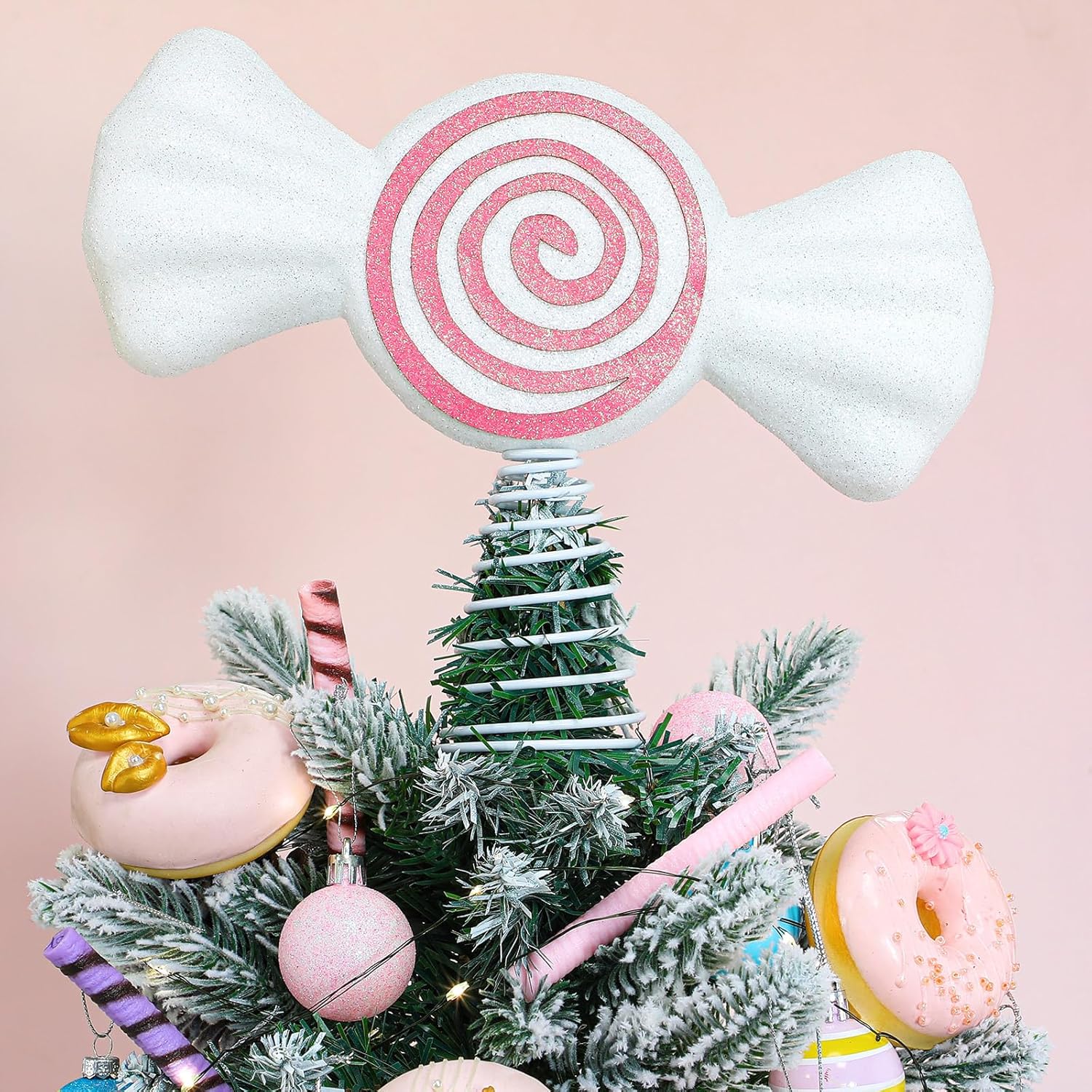Retisee 9.8 in Large Pastel Candy Christmas Tree Topper Pink Candy Swirl Treetop Pink Pastel