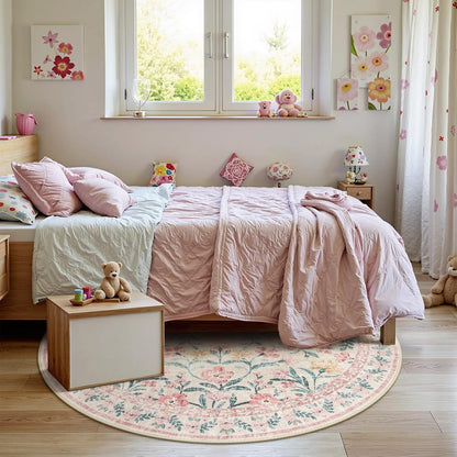Wonnitar Pink Floral Round Rugs 5ft, Soft Circle Rug Non Slip Washable Round Carpet, Boho