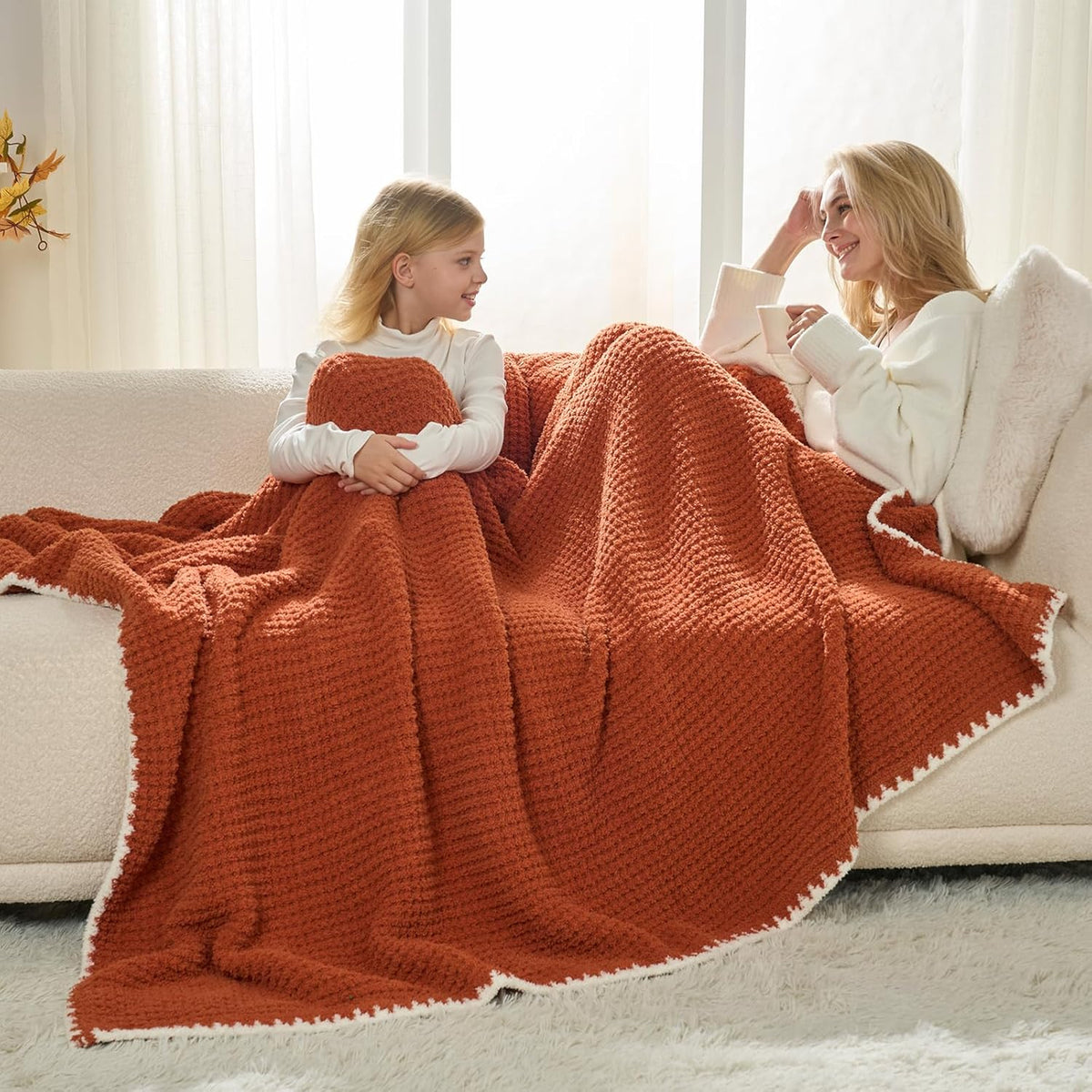 Snuggle Sac Orange Waffle Throw Blanket for Couch Bed Sofa 50x60 inches, Reversible Blanket