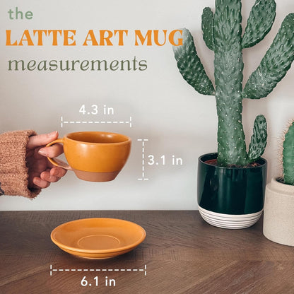 Mora Ceramic Latte Art Mug With Saucer - 10.5 oz, Round Bottom For Perfect Pours - Cafe Cups for