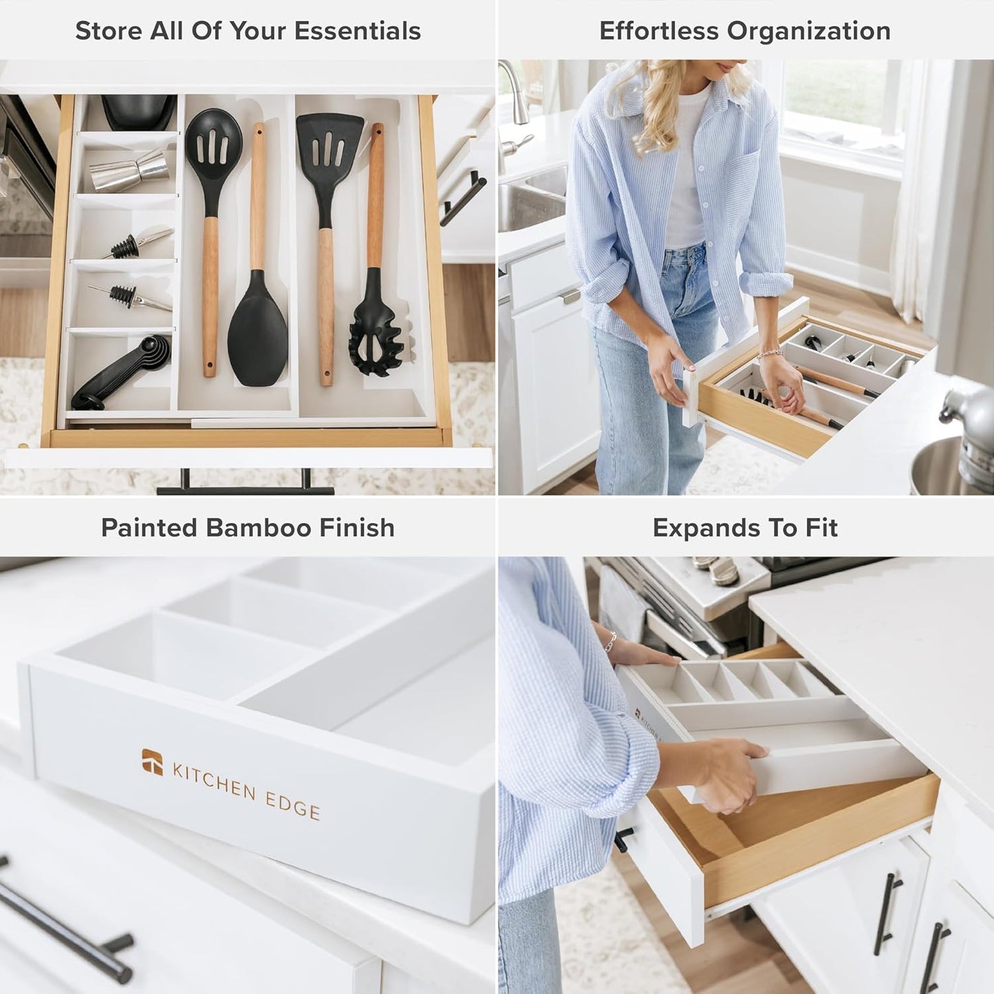 Adjustable Kitchen Drawer Organizer for Utensils and Junk, Food-Safe Contract Grade with 100%