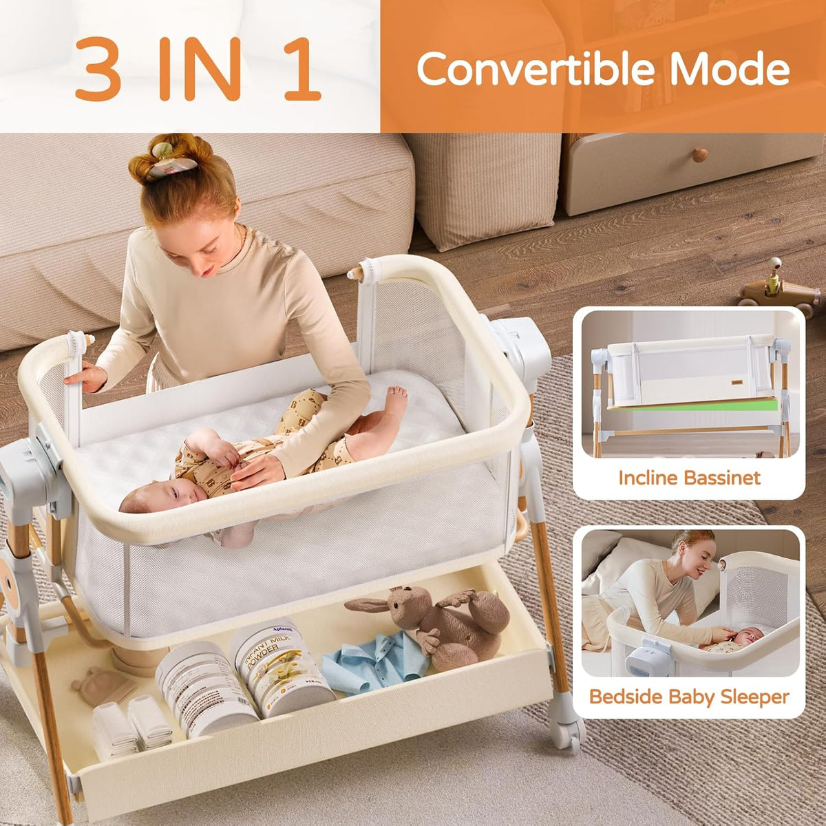 3 in 1 Baby Bassinet,Bedside/Rocking Bassinet for Baby,Bedside Crib with Lockable Wheels,Waterproof