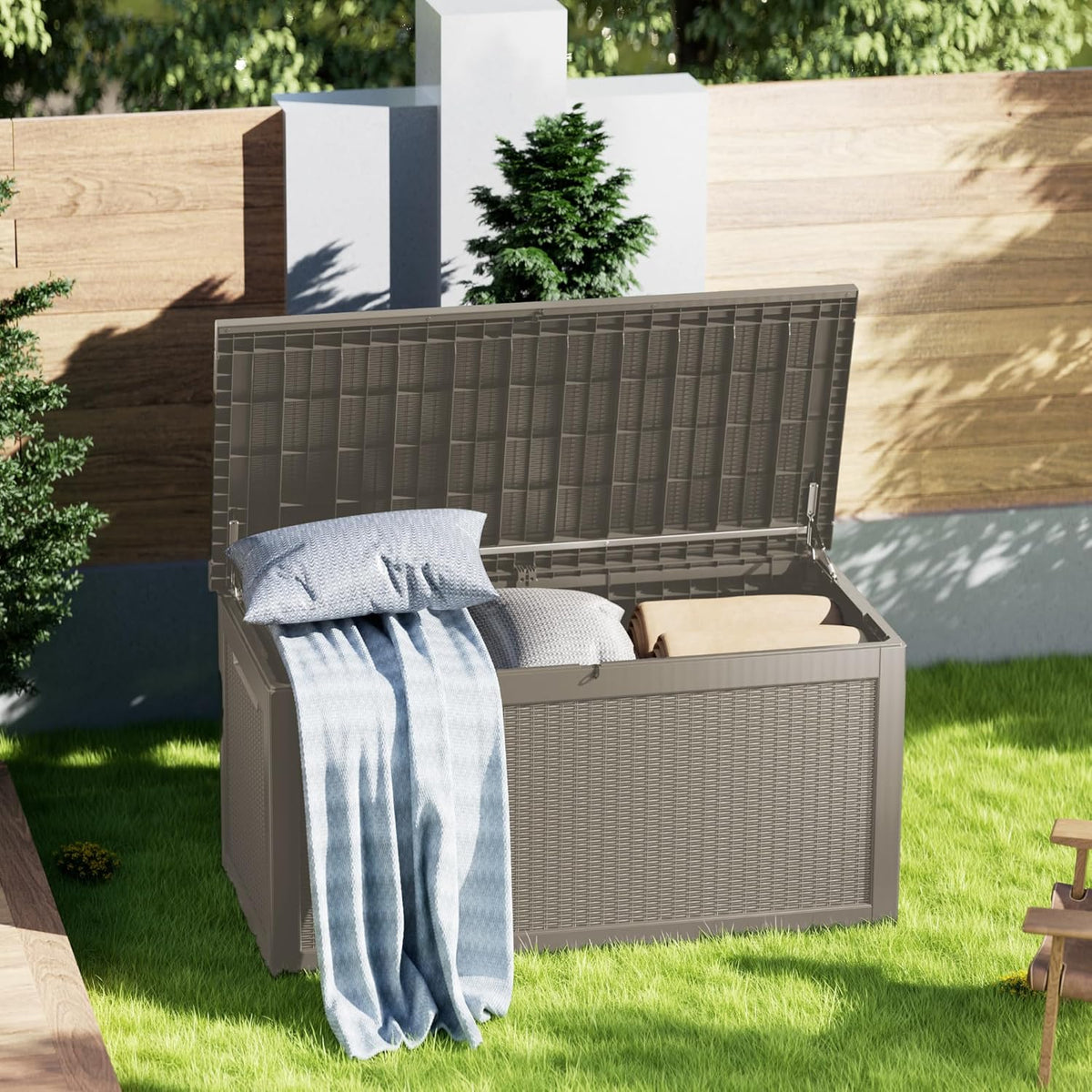 320 Gallon Lockable Resin Deck Box, Waterproof & UV-Resistant Outdoor Storage Box for Outdoor