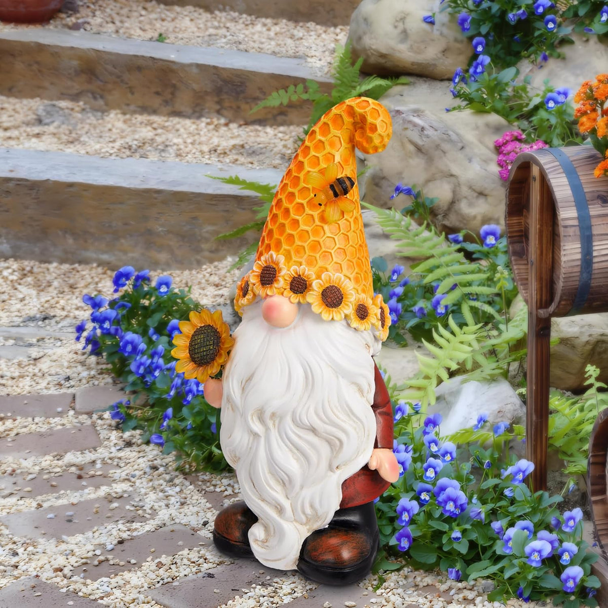 Garden Gnomes Outdoor - Sunflower Gnome Statue with Solar LED Lights for Yard, Patio, Lawn