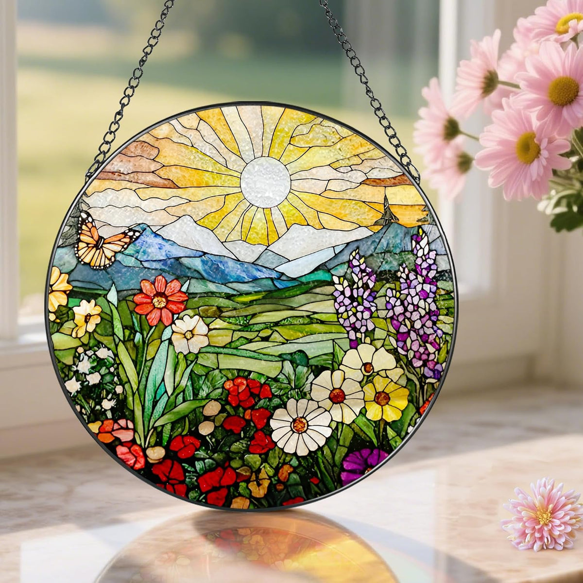8 Inch Mountain Wildflowers Stained Glass Suncatcher, Suncatchers for Windows Hanging, Window