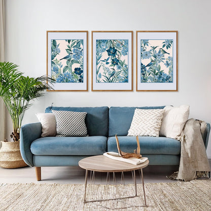 Aurlan Vintage Blue Birds and Botanical Framed Wall Art(16"x24"), 3PCS Classic Chinoiserie Audubon