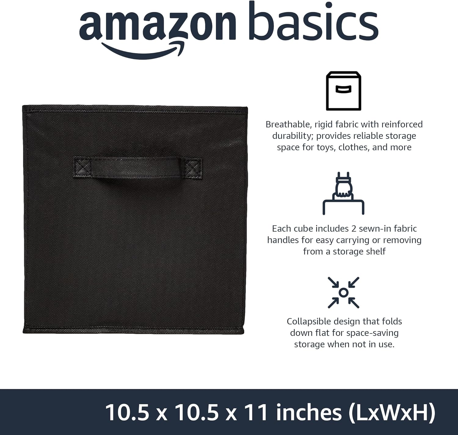 Amazon Basics Collapsible Fabric Storage Cubes Organizer with Handles, Sturdy, Black