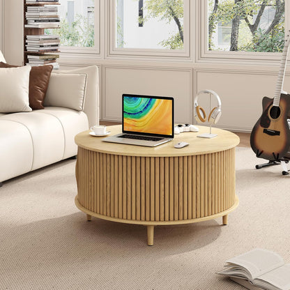Round Coffee Table with Storage,Mid Century Modern Dining Table with Sliding Cabinet Door for
