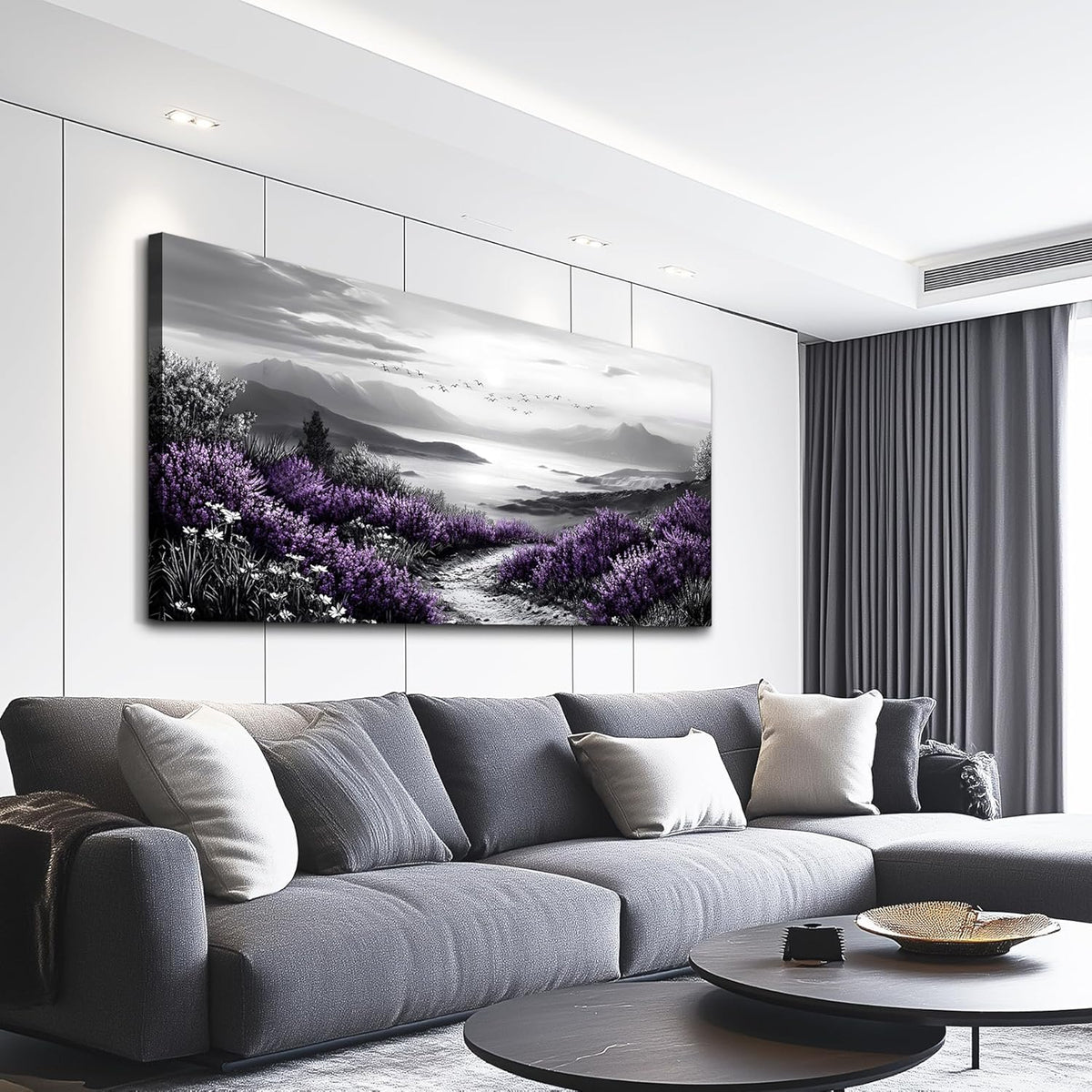 KELIYUAN Large Purple Grass Wall Art Home Decor Bedroom Office Black And White Landscape Modern