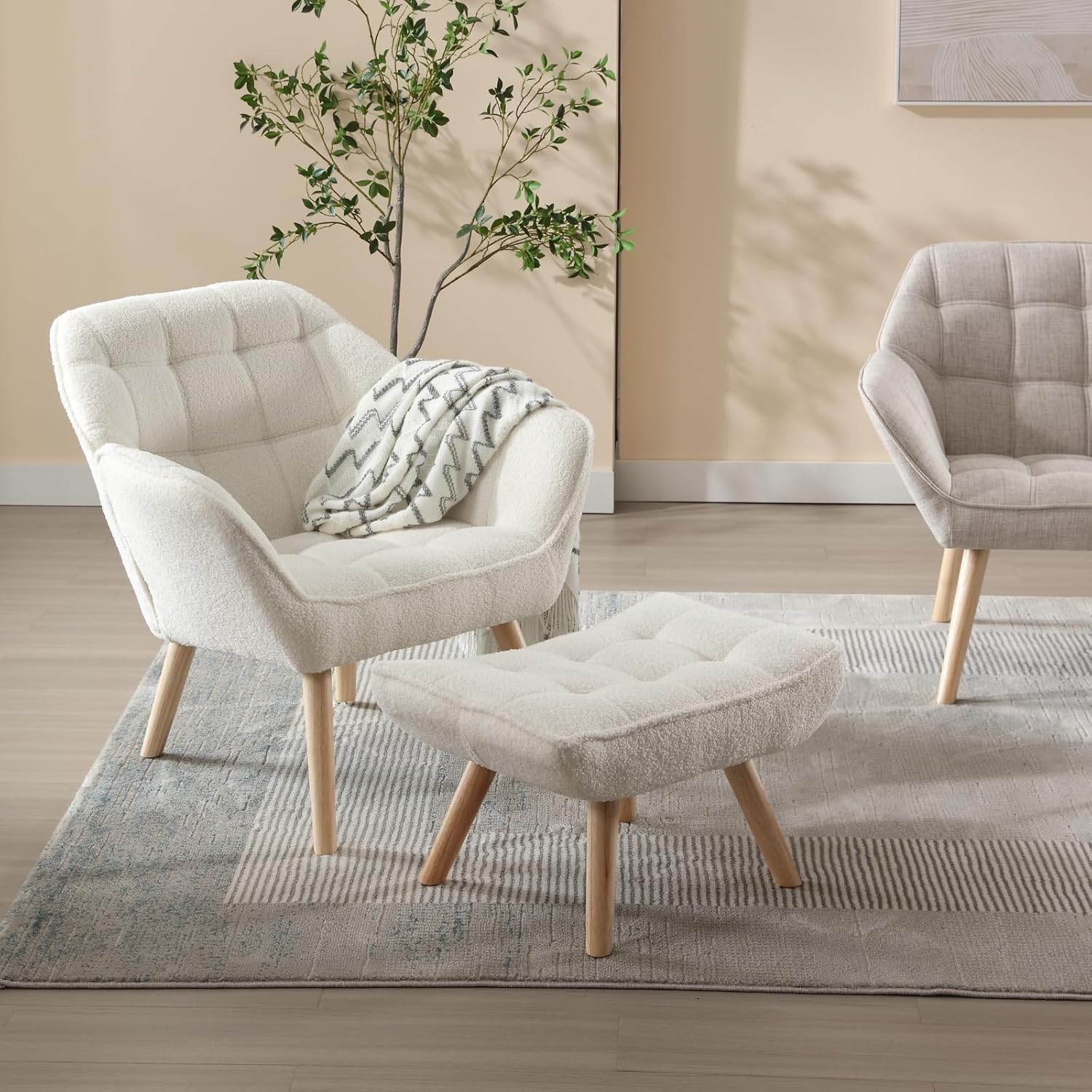 Modern Sherpa Accent Chair with Ottoman Set of 2, Fluffy Upholstered Lounge Chair with Footrest