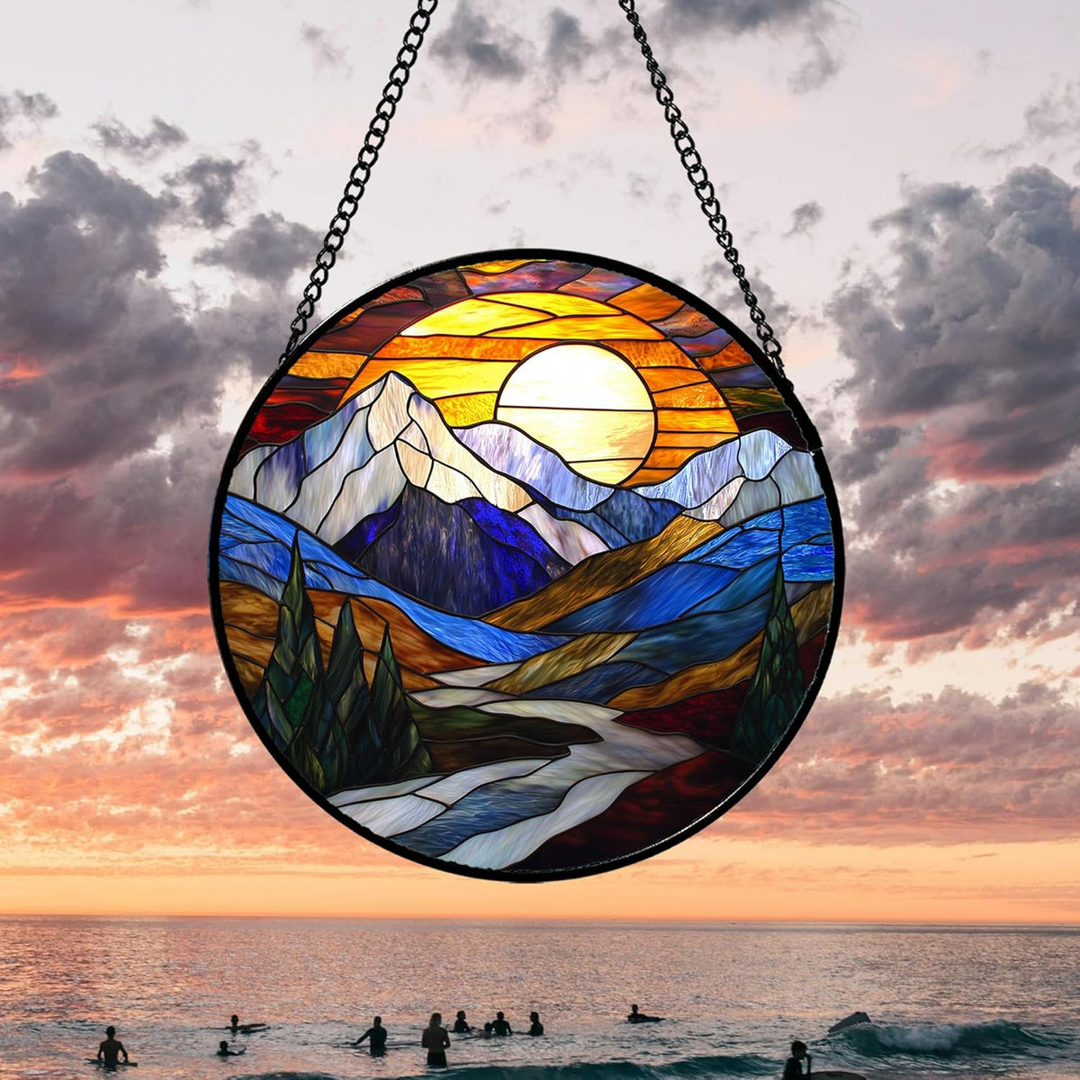 Stained Glass Window Hanging, Yellow Blue Sunset Mountains Scenery Sun Catcher for Window Home