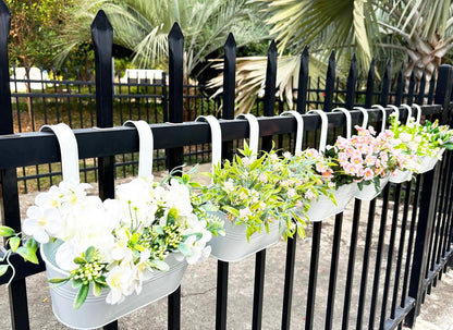 10" Hanging Flower Pots, Pack of 8 White Metal Outdoor Patio Balcony Planter, Railing Planters