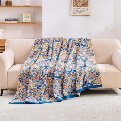 Boho Throw Blanket for Bed, 100% Cotton Soft Rustic Quilt Fall Blanket, 90"x98" Floral Printed