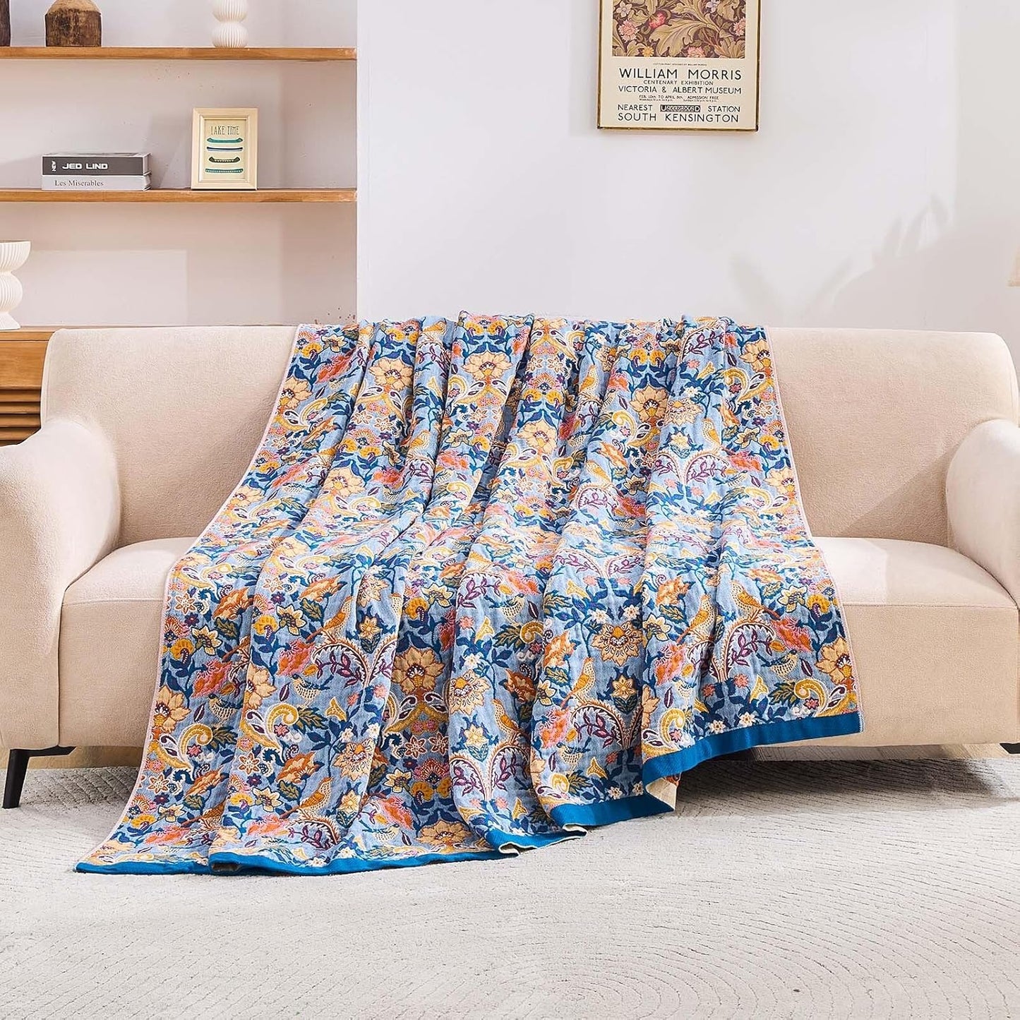 Boho Throw Blanket for Bed, 100% Cotton Soft Rustic Quilt Fall Blanket, 60"x80" Floral Printed