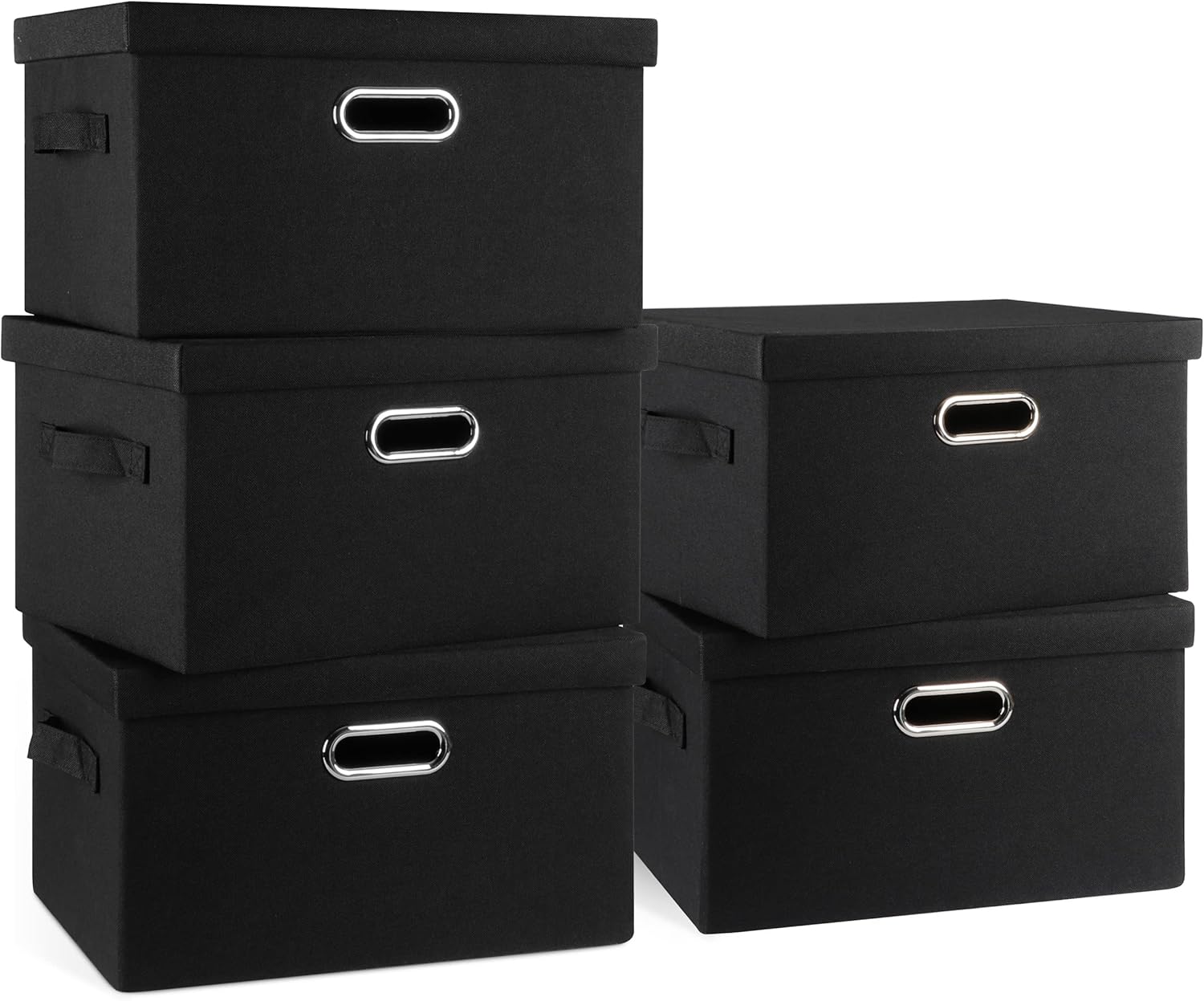 Medium 15" 21 Quart Collapsible Stackable Storage Bins with Lids, 5 Packs Black Foldable Fabric