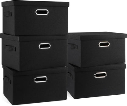 Medium 15" 21 Quart Collapsible Stackable Storage Bins with Lids, 5 Packs Black Foldable Fabric