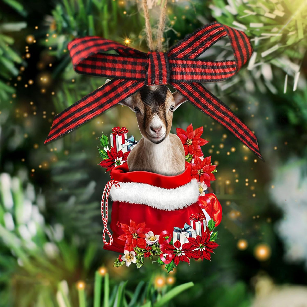 Talataca Goat 2D Flat Wooden Christmas Ornament, Goat Farm Animal in Red Santa Gift Bag Pine Tree