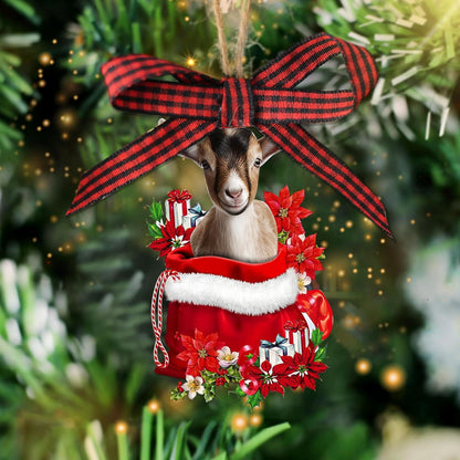 Talataca Goat 2D Flat Wooden Christmas Ornament, Goat Farm Animal in Red Santa Gift Bag Pine Tree