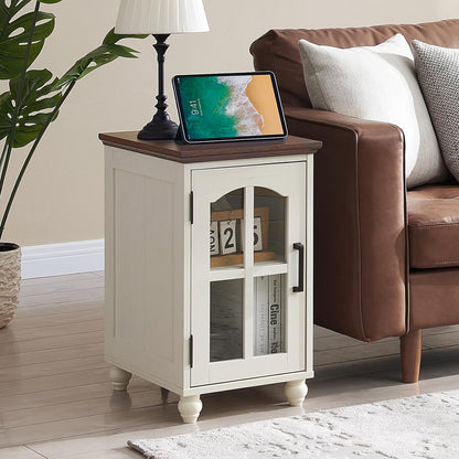 Narrow Side Table,Farmhouse Nightstand with Charging Station,Wood End Table with Glass Barn Door