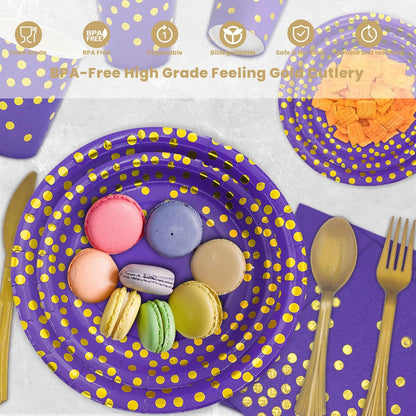 AIRE 175PCS Purple Gold Paper Plates Party Supplies for 25 Guests Party Decorations Disposable