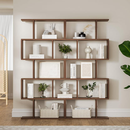 Brown 5-Tier Geometric Bookcase, S-Shaped Modern Bookshelf Set of 2, 62.6" Tall Room Divider Book