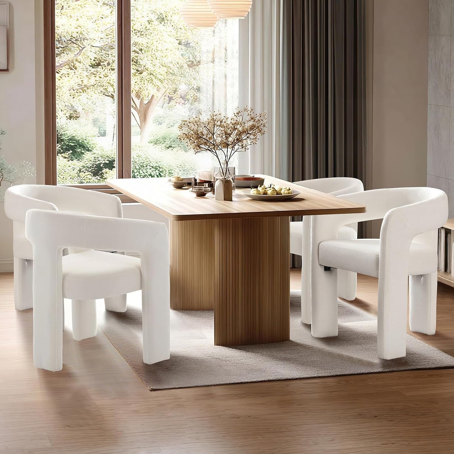 White Chenille Dining Chairs Set of 4, Modern Barrel Dining Room Chairs Upholstered Accent Chair