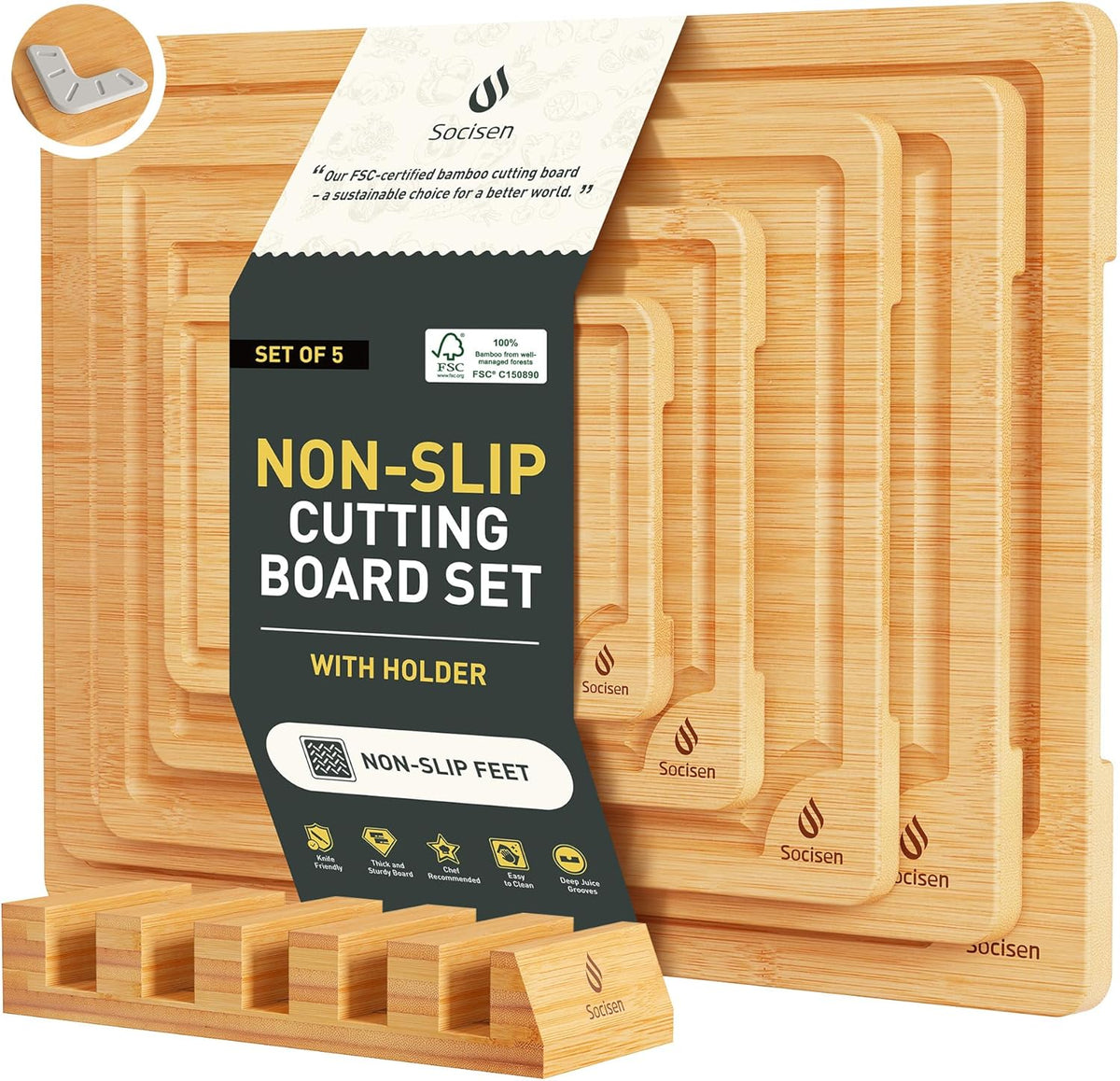 5 Packs Bamboo Cutting Board Set with Non Slip Feet Holder and Over Sink Nice Solid Thick Wood