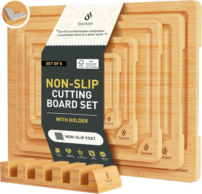 5 Packs Bamboo Cutting Board Set with Non Slip Feet Holder and Over Sink Nice Solid Thick Wood