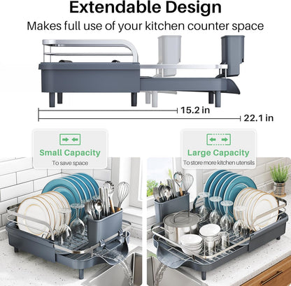 Dish Drying Rack, Expandable Dish Rack for Kitchen Counter, Stainless Steel Dish Drainer with